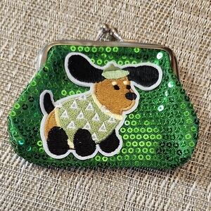 Hand Crafted Green Sequin Kiss Lock Dog Coin Purse
